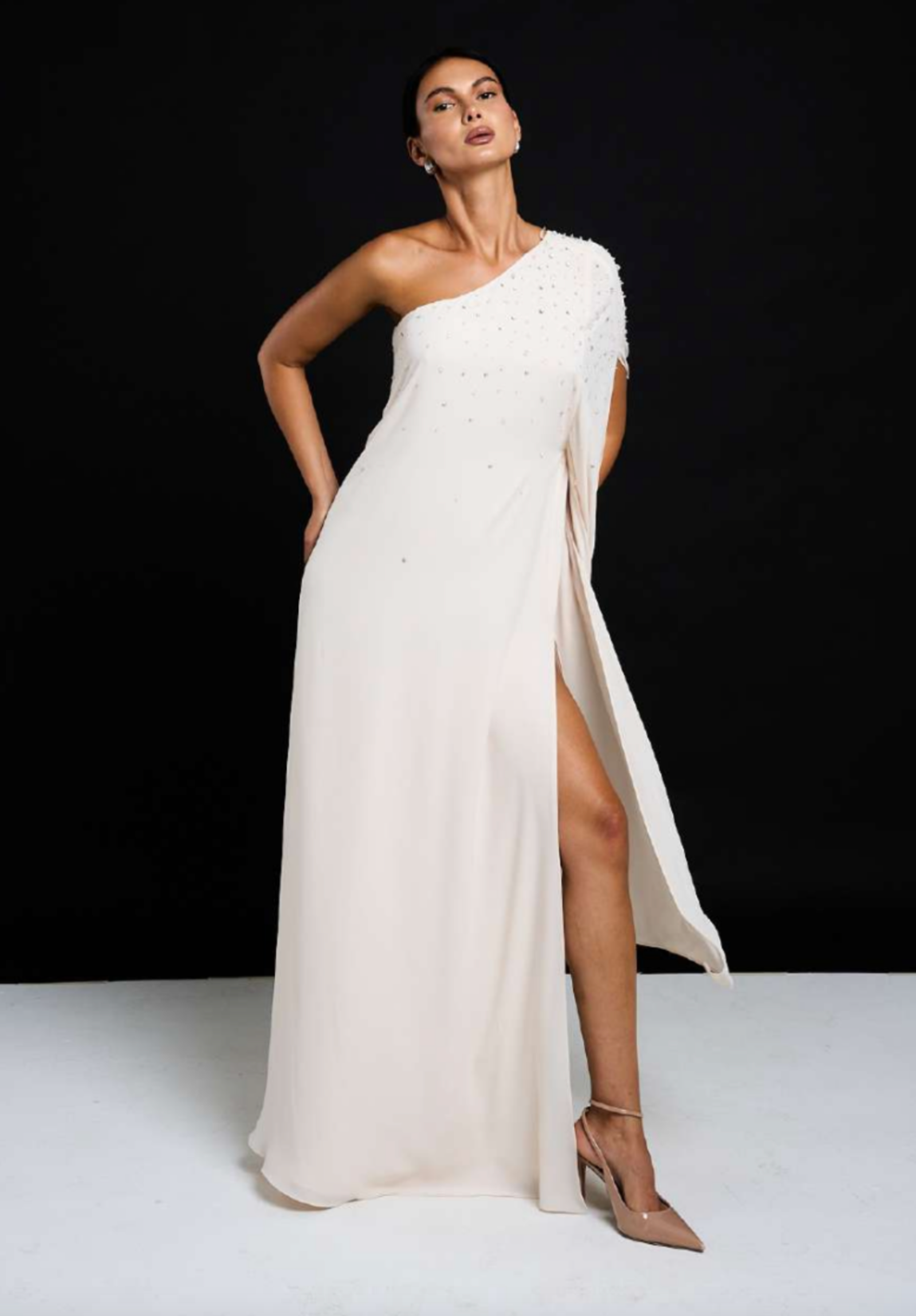 ivory one shoulder maxi dress front view SOPHiEL