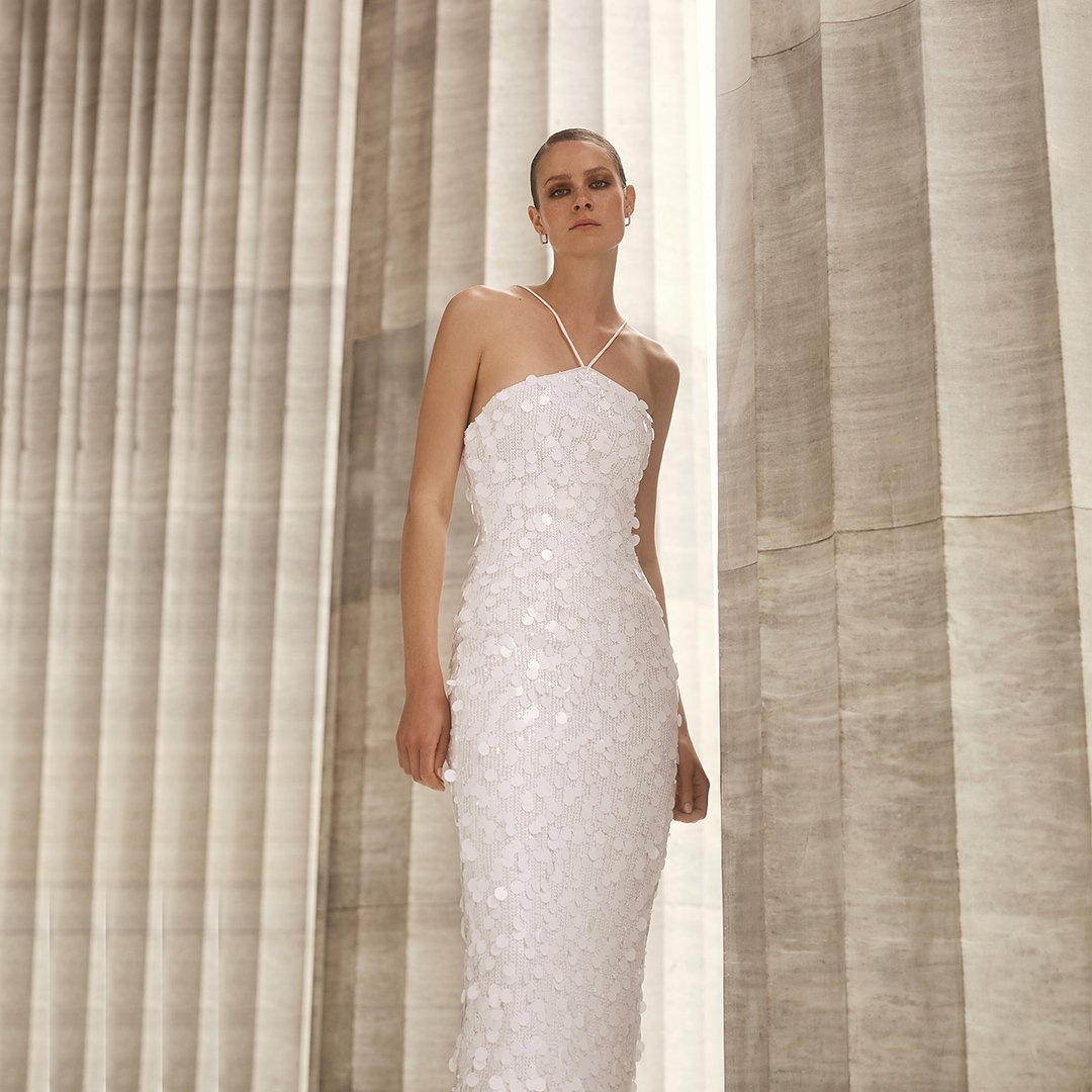white sequin midi dress White Halter Sequin Midi Dress