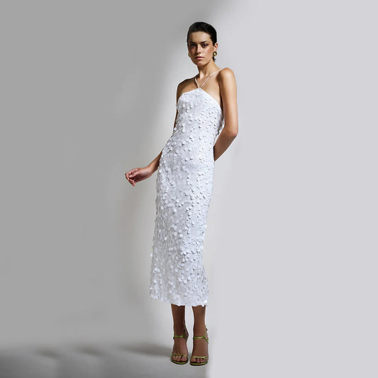 Halter Sequin Midi Dress White