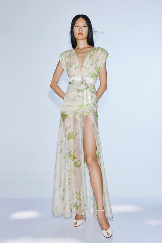 Ethereal floral wrap maxi dress with draped silhouette and high slit by SOPHiEL
