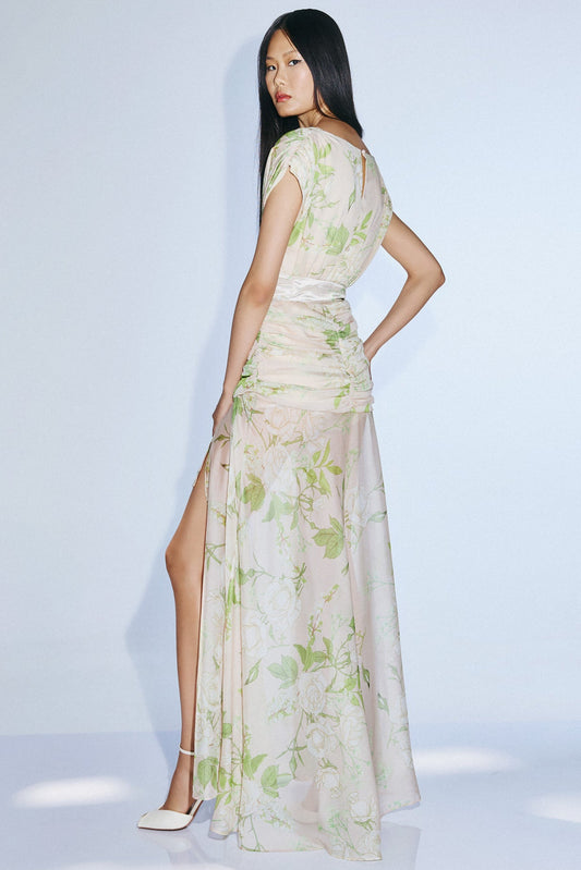 Elegant floral maxi dress full length with wrap detail and soft draping
