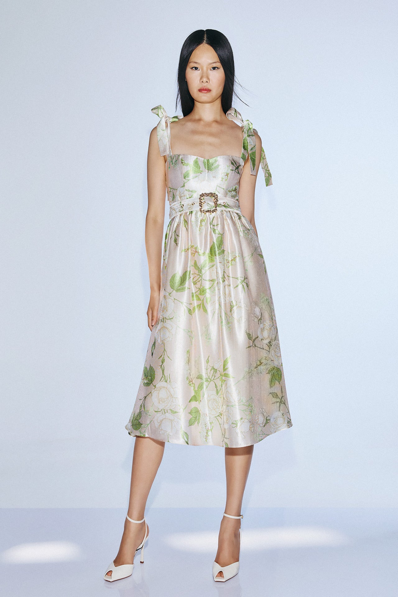 ivory olive floral midi dress front view SOPHiEL