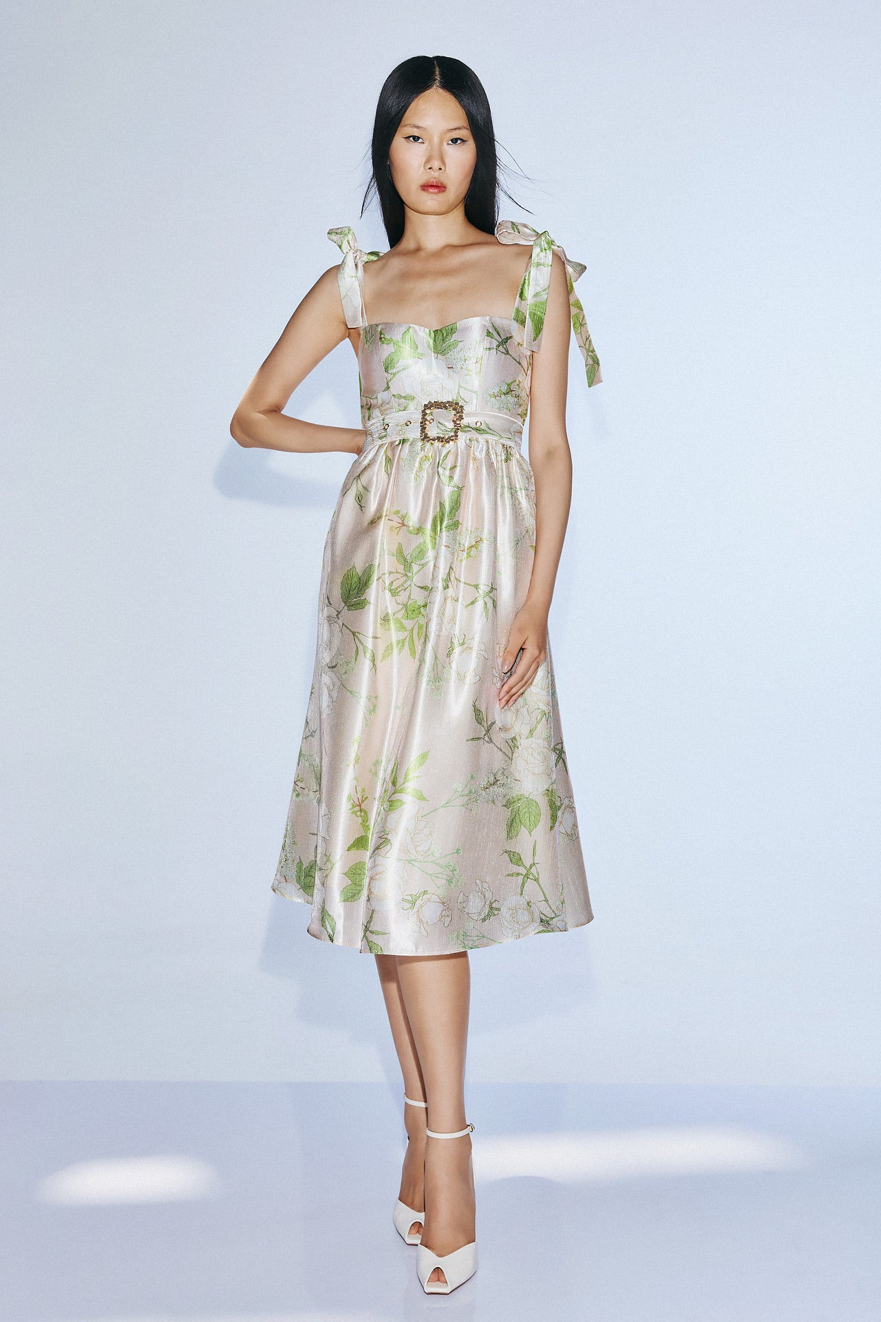 ivory olive floral midi dress front view