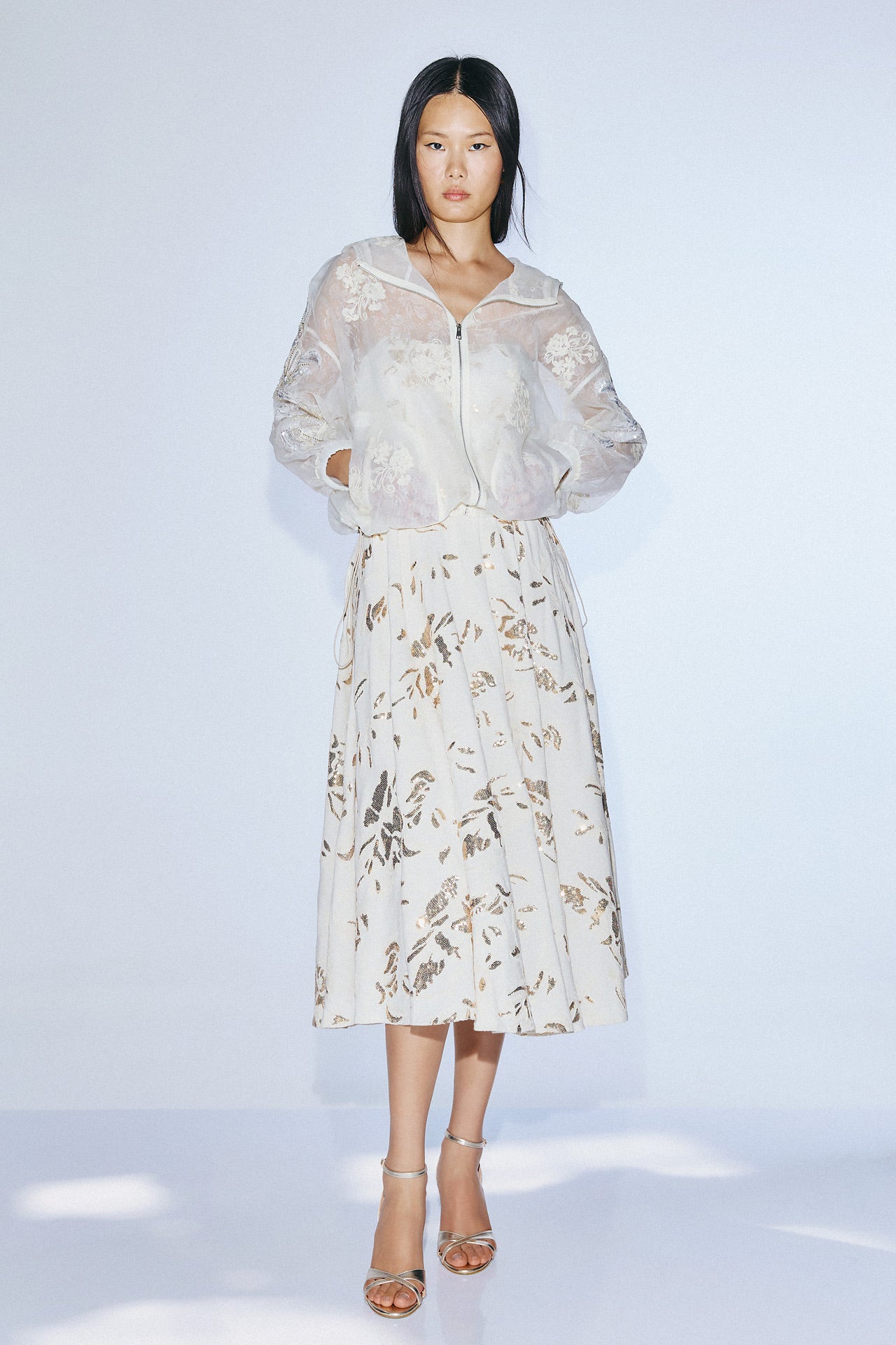 Ivory sheer embroidered hooded jacket elegant occasion wear SOPHiEL