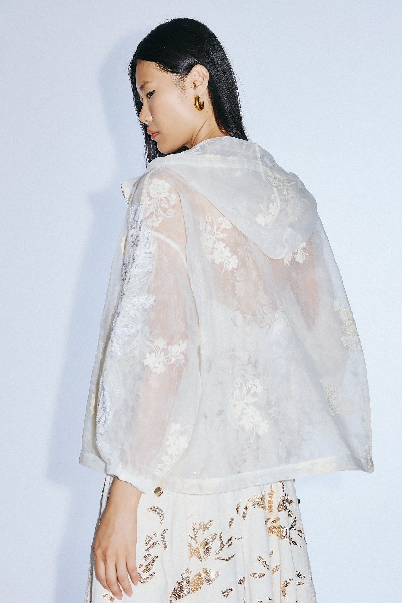 Ivory sheer embroidered hooded jacket elegant occasion wear SOPHiEL