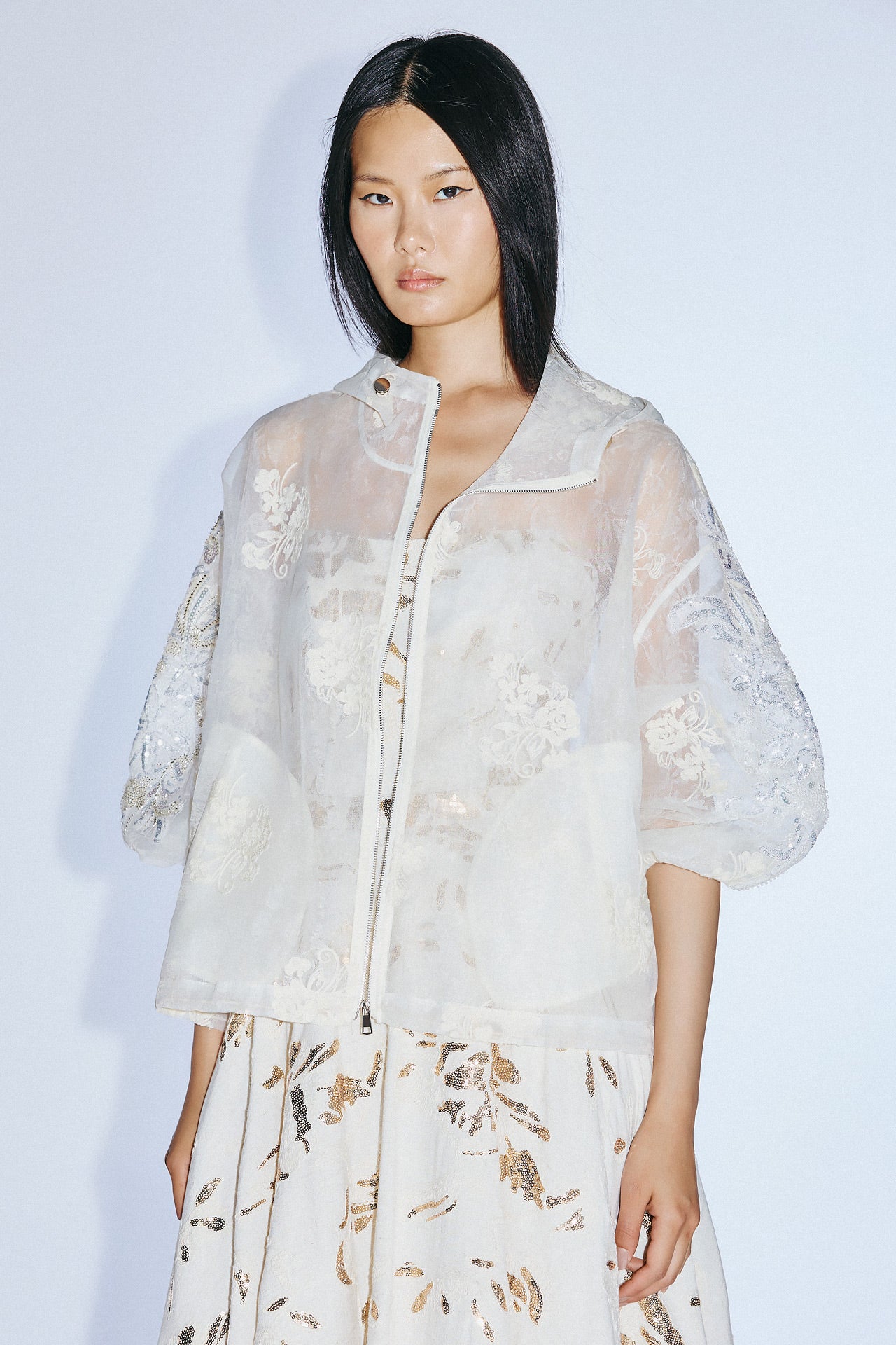 Ivory sheer embroidered hooded jacket elegant occasion wear SOPHiEL