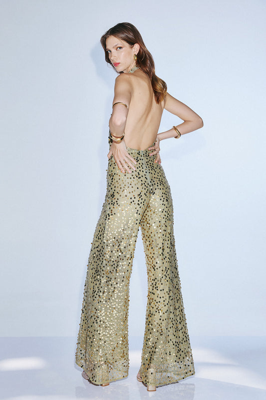 Olive Gold Open-Back Lace Jumpsuit