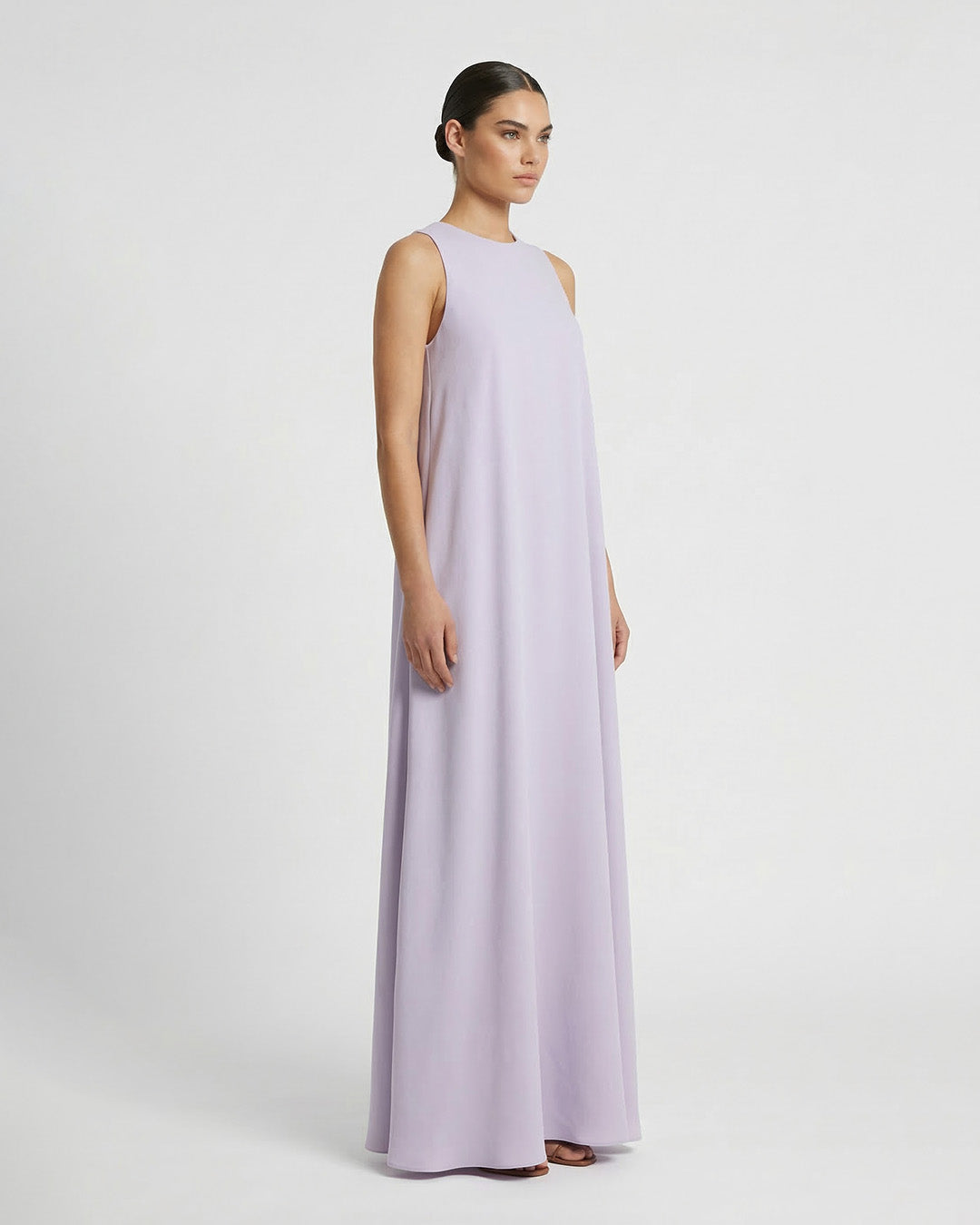 Lavender maxi dress with open back and delicate chain detail
