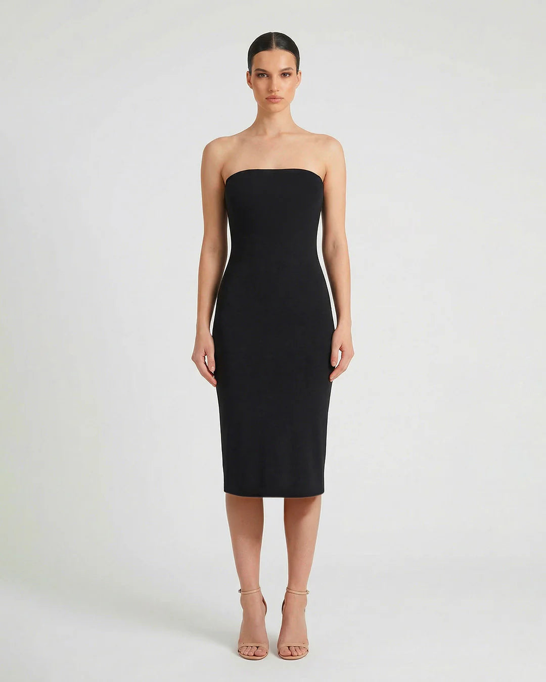 black strapless midi dress front view sophiel