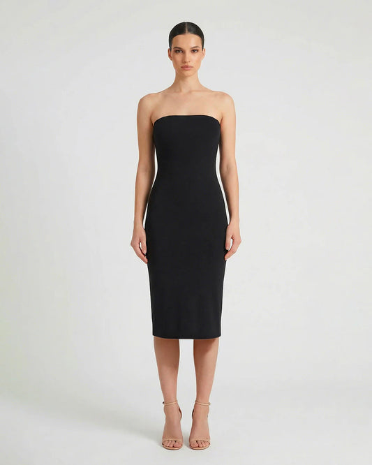 black strapless midi dress front view sophiel