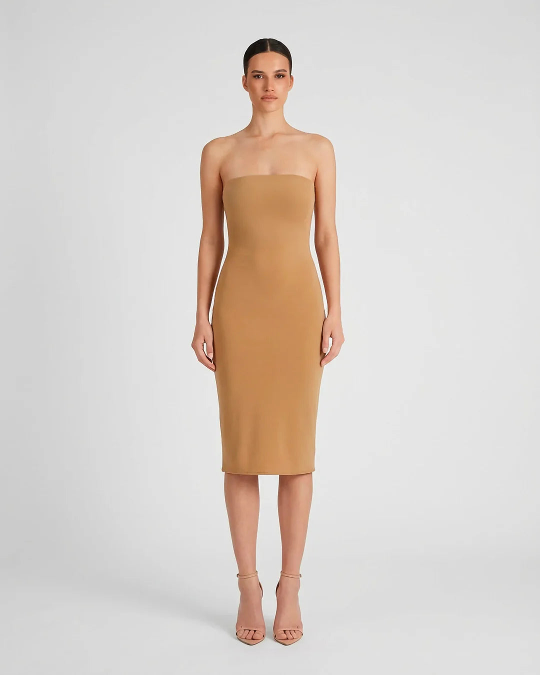 caramel strapless midi dress front view sophiel