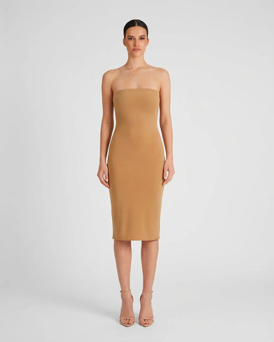 caramel strapless midi dress front view sophiel