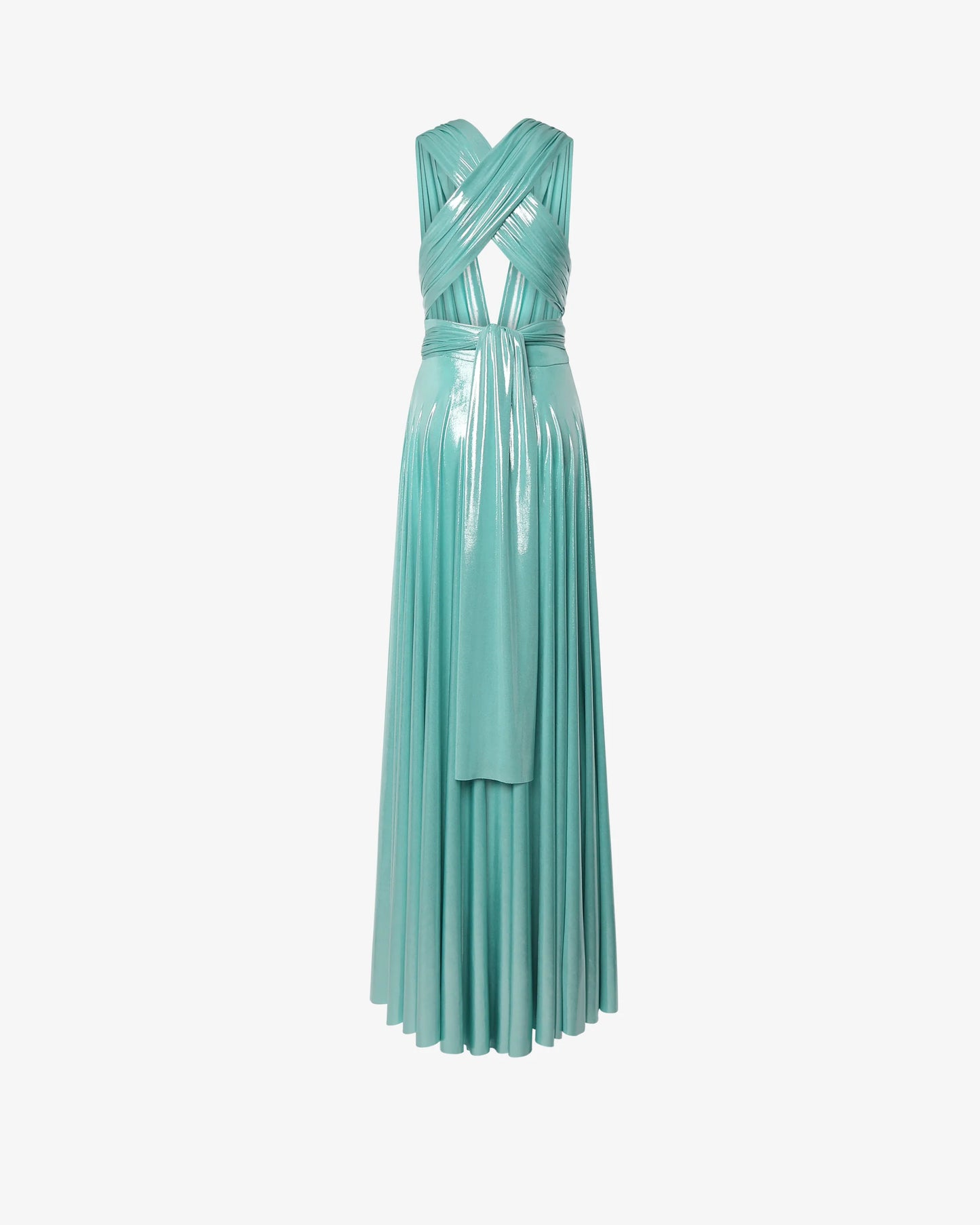 metallic aqua infinity maxi dress back view SOPHiEL