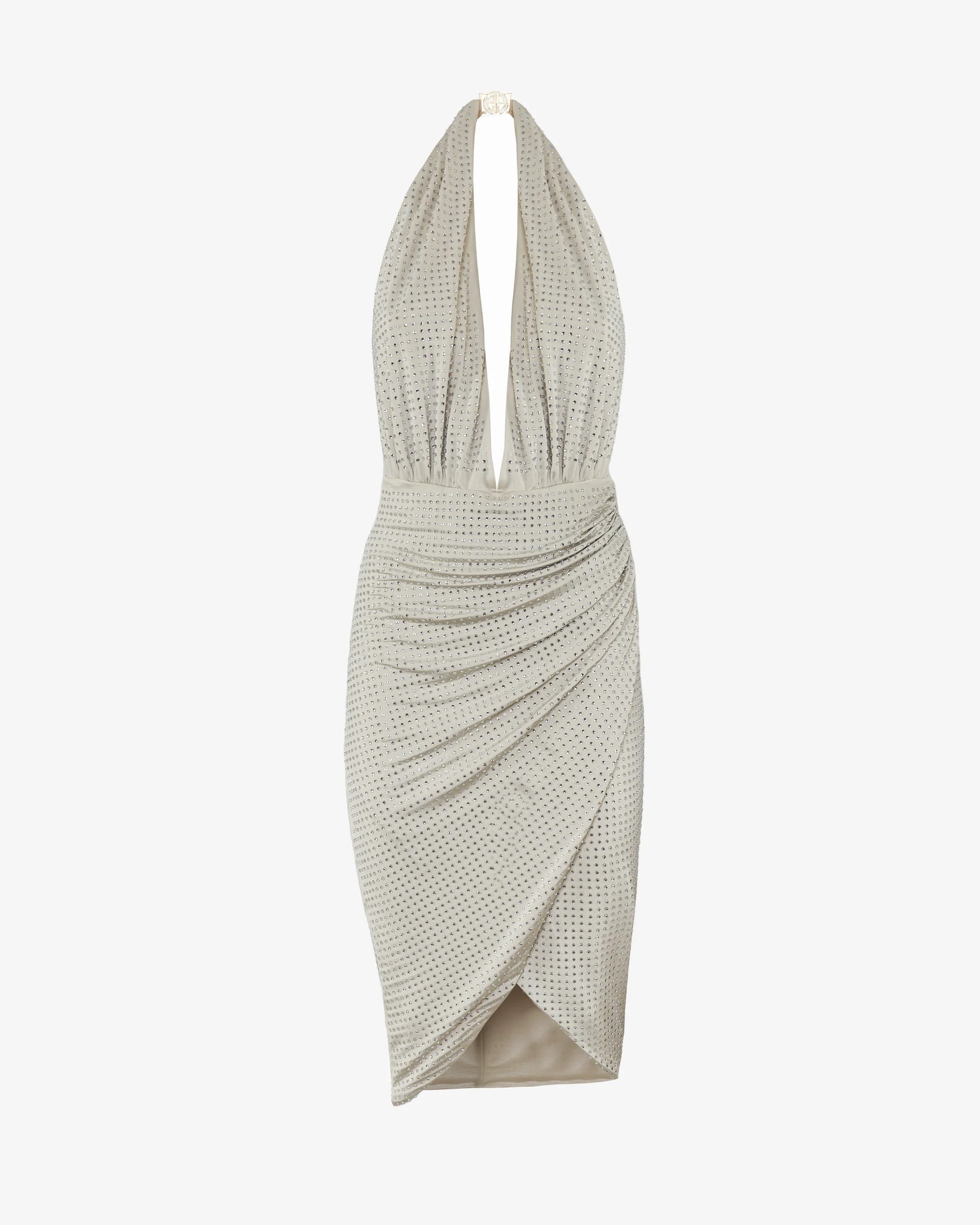 Ivory rhinestone halter mini dress with open back and draped skirt by SOPHiEL