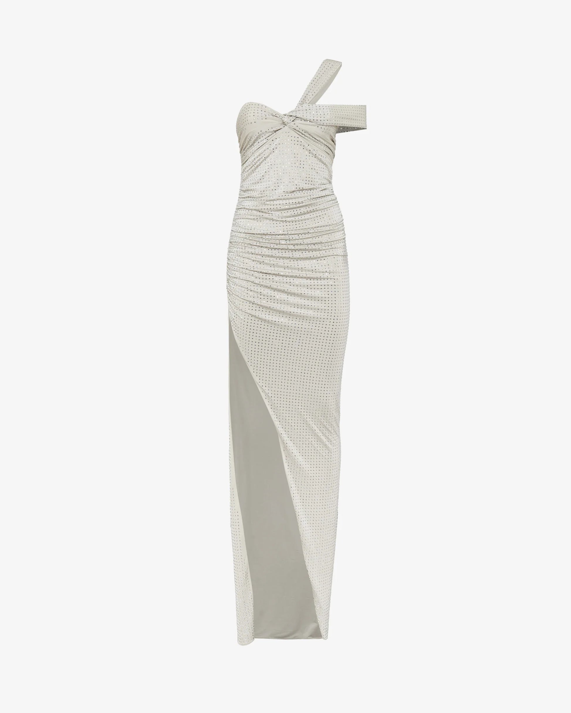Almond White rhinestone halter maxi dress with ruched silhouette and thigh slit by SOPHiEL