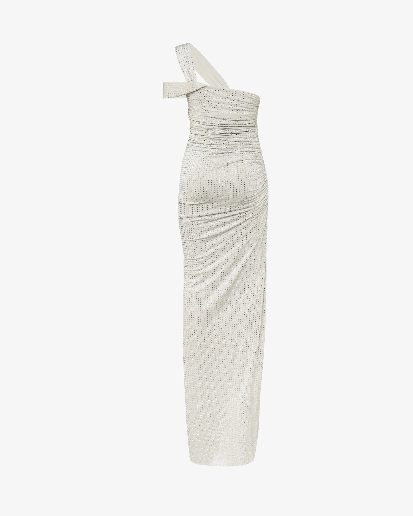 Almond White rhinestone halter maxi dress with ruched silhouette and thigh slit by SOPHiEL