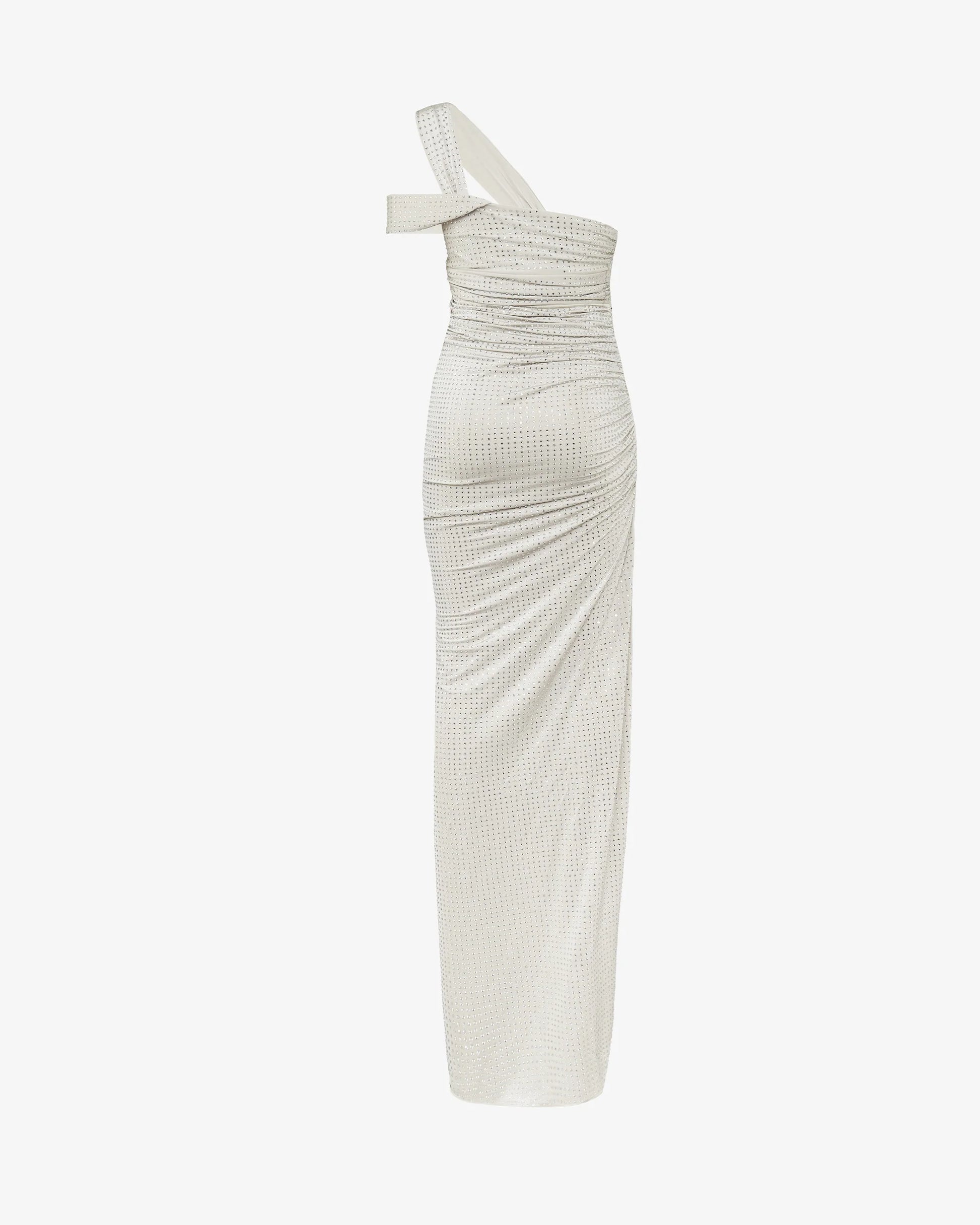 Almond White rhinestone halter maxi dress with ruched silhouette and thigh slit by SOPHiEL