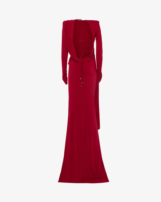 Alma Sanchez red open back draped maxi dress back view. SOPHiEL