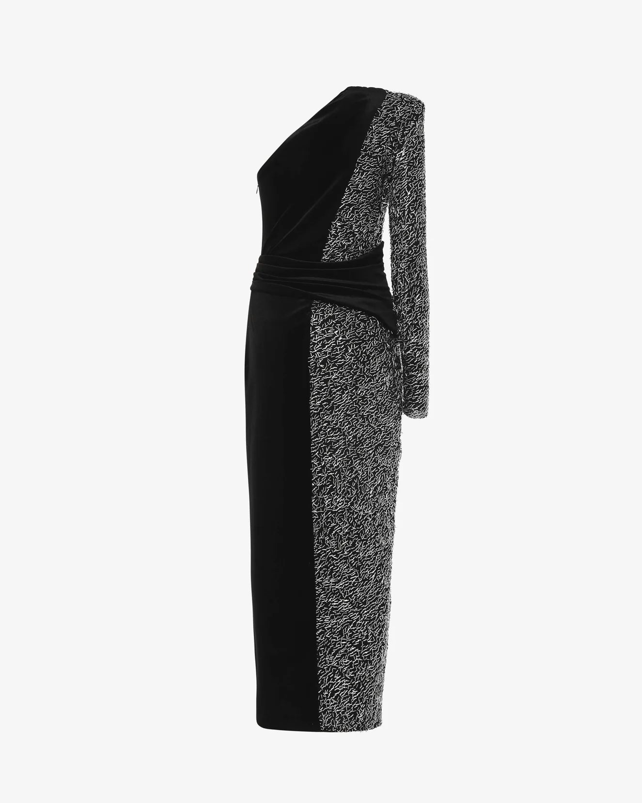 One-Shoulder Velvet Midi Dress in Sequins