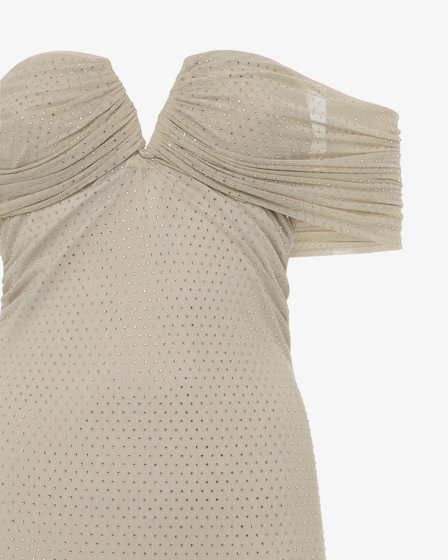 Close-up rhinestone embellished evening gown