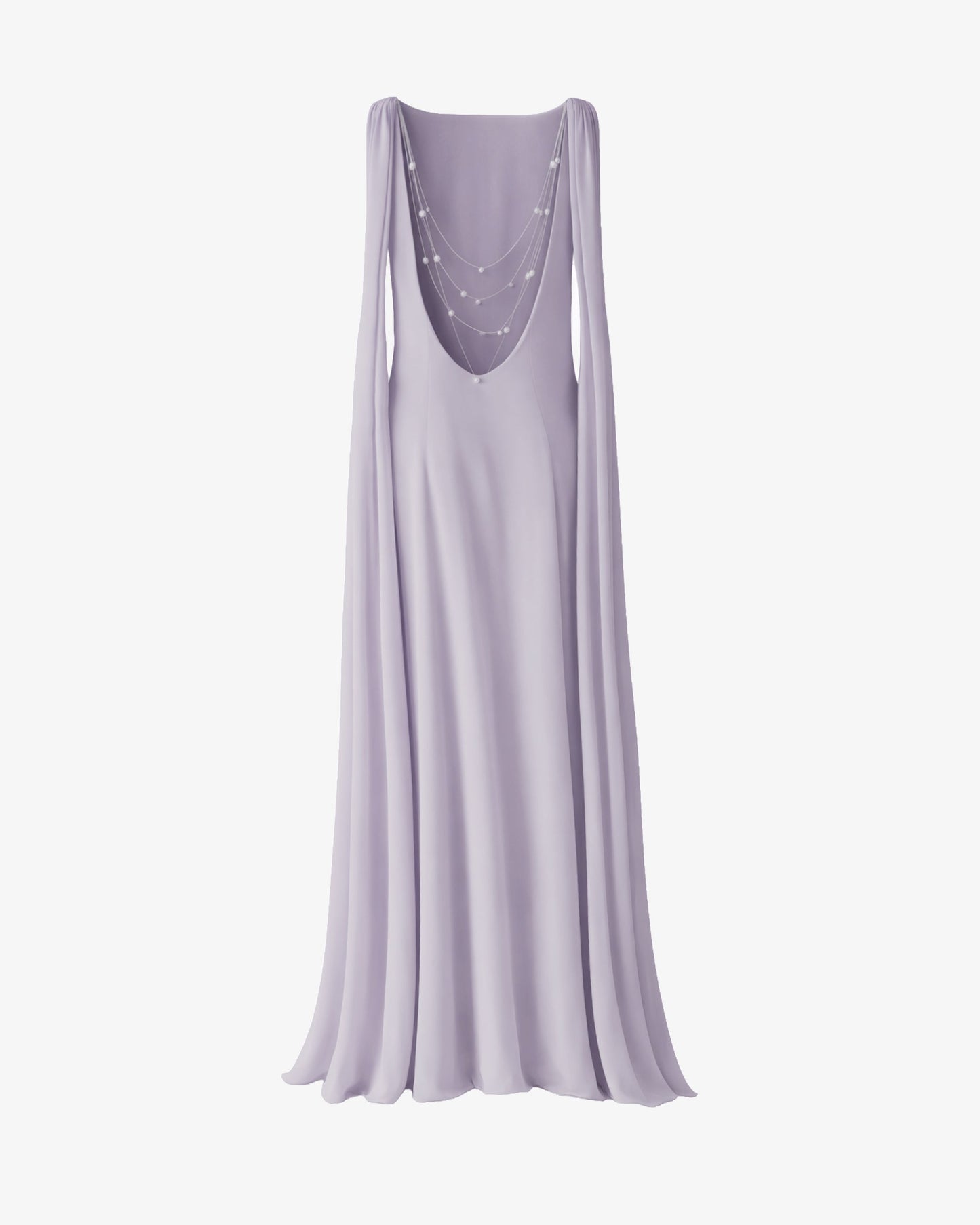 Lavender maxi dress with open back and delicate chain detail