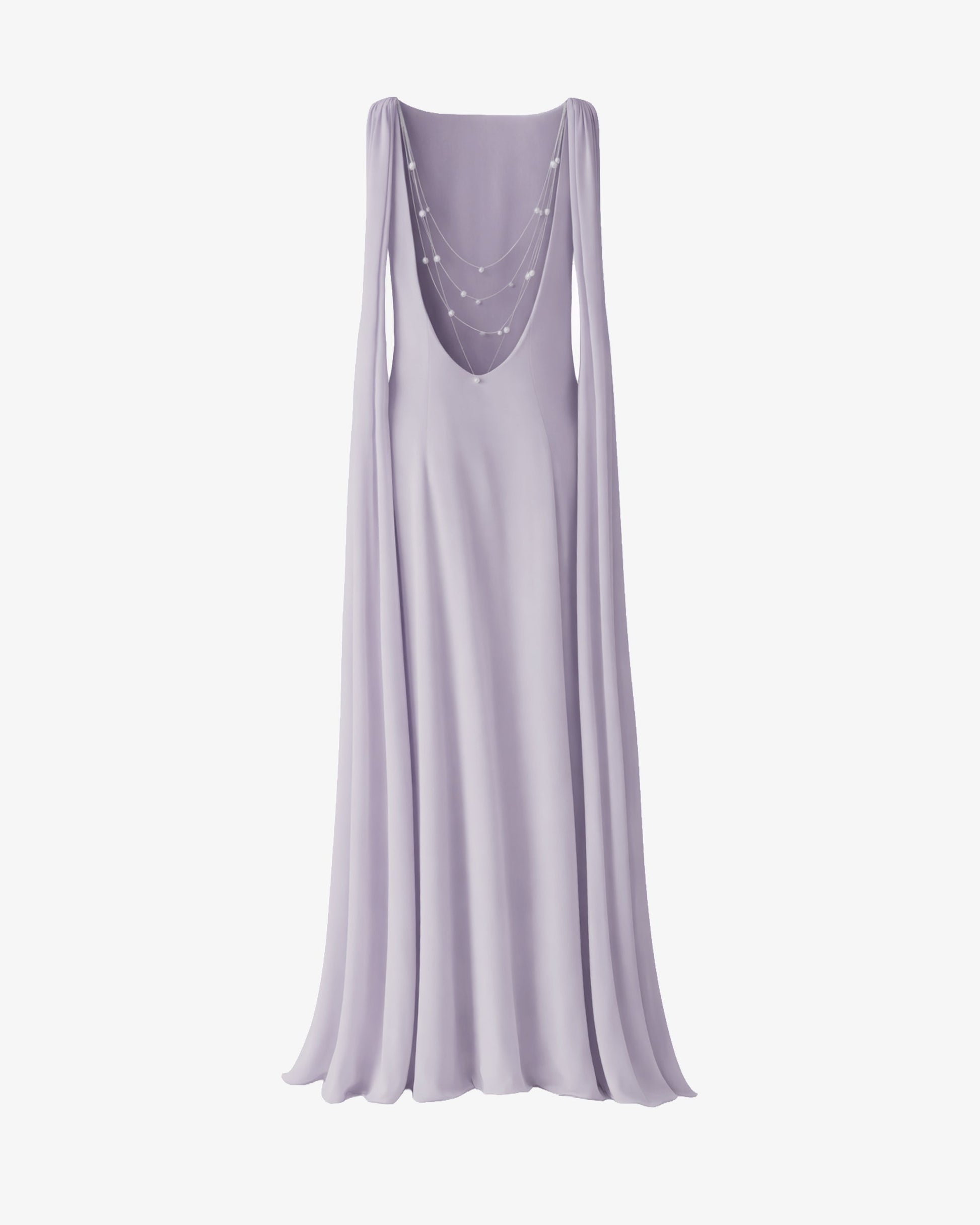 Lavender maxi dress with open back and delicate chain detail