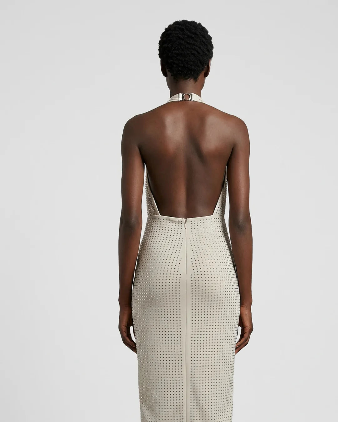 Ivory rhinestone halter mini dress with open back and draped skirt by SOPHiEL