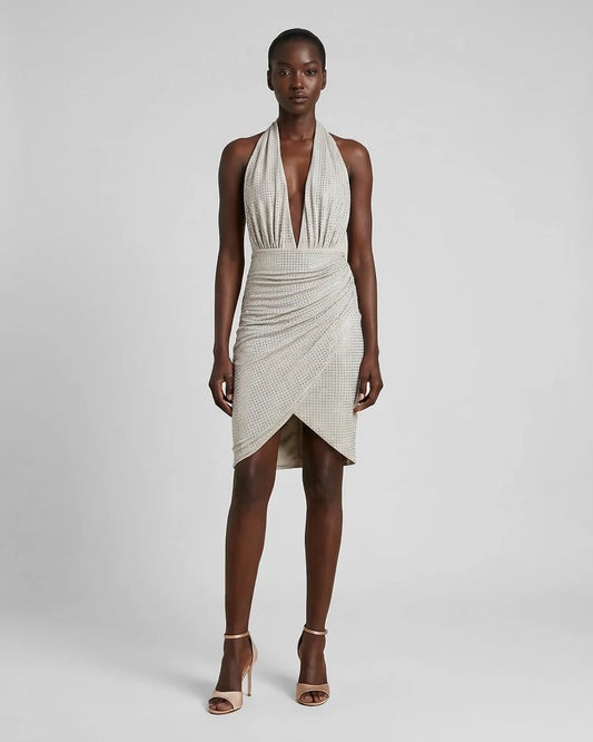Ivory rhinestone halter mini dress with open back and draped skirt by SOPHiEL