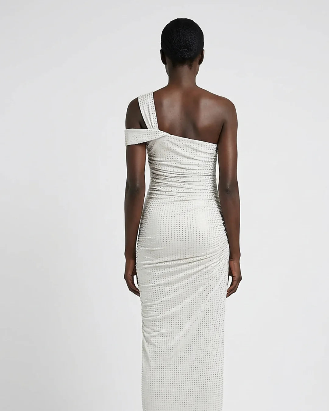 Almond White back view rhinestone halter maxi dress with ruched silhouette and thigh slit by SOPHiEL