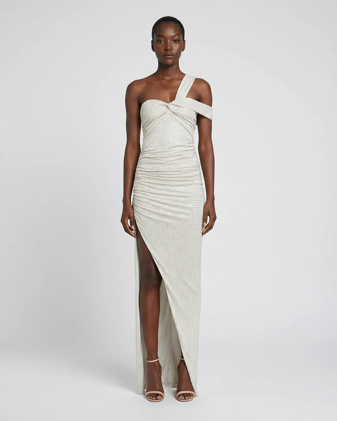 Almond white  rhinestone halter maxi dress with ruched silhouette and thigh slit by SOPHiEL