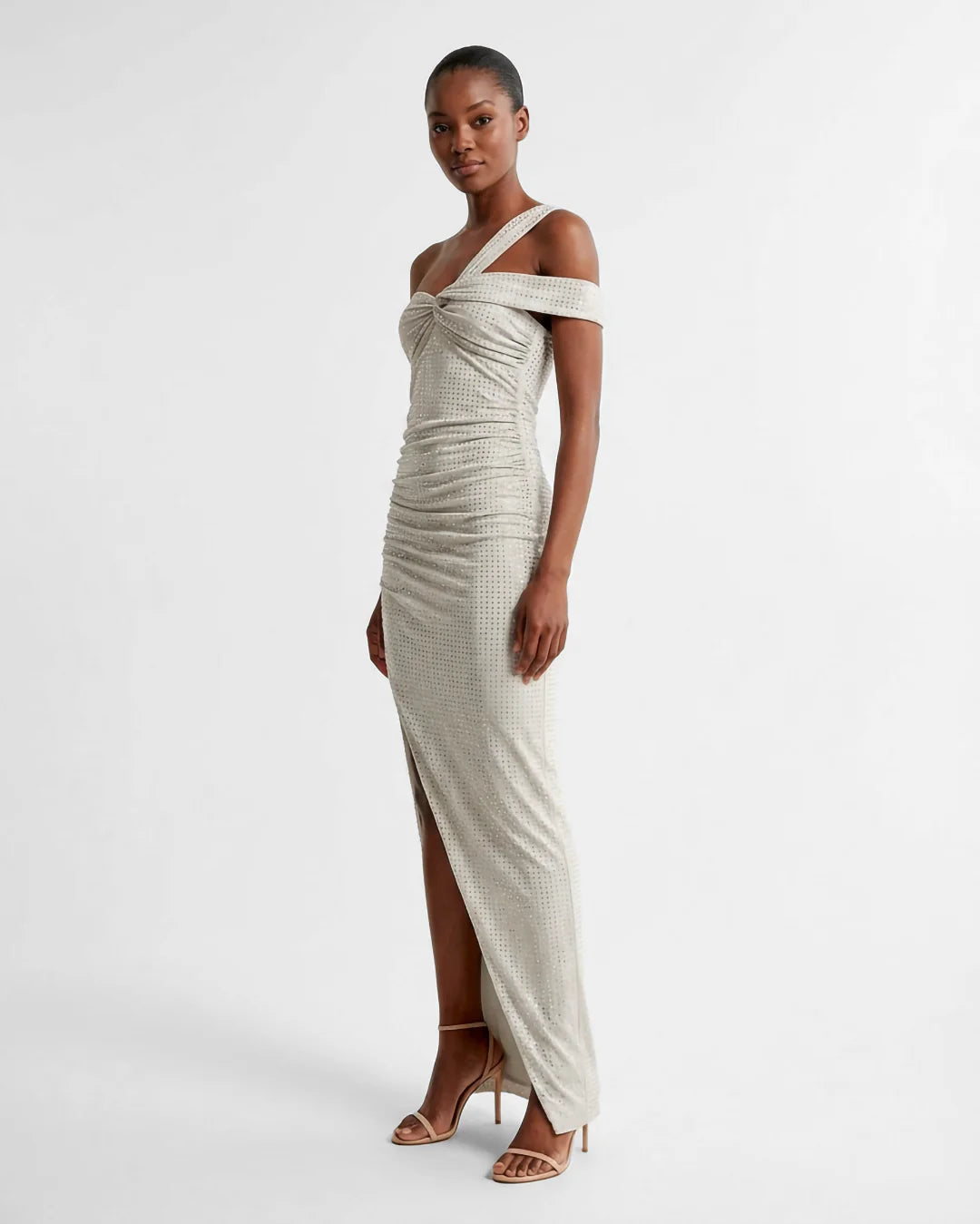 Almond white rhinestone halter maxi dress with ruched silhouette and thigh slit by SOPHiEL