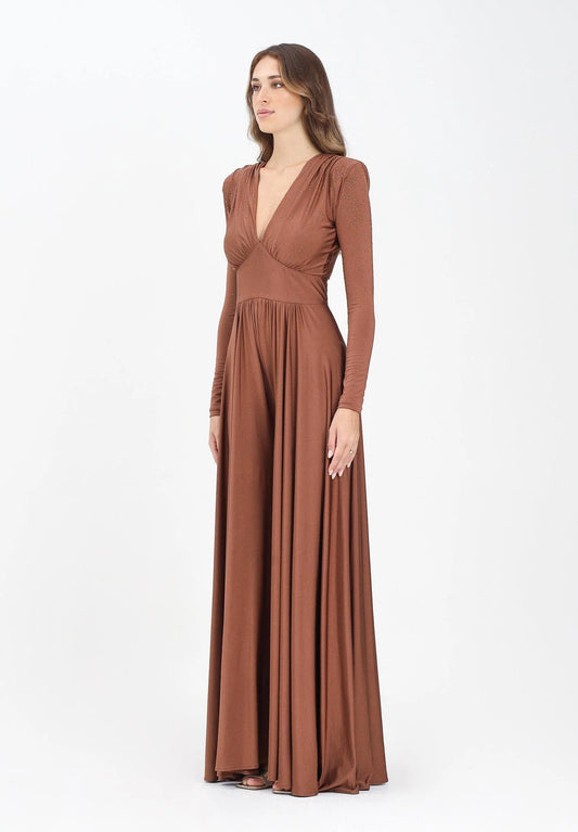 Alma Sanchez Eali brown women’s jumpsuit with deep V-neck and wide-leg trousers. SOPHiEL