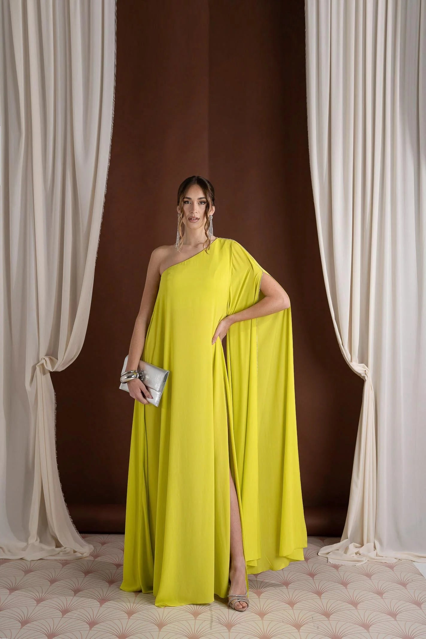 Embellished One-Shoulder Fluid Dress