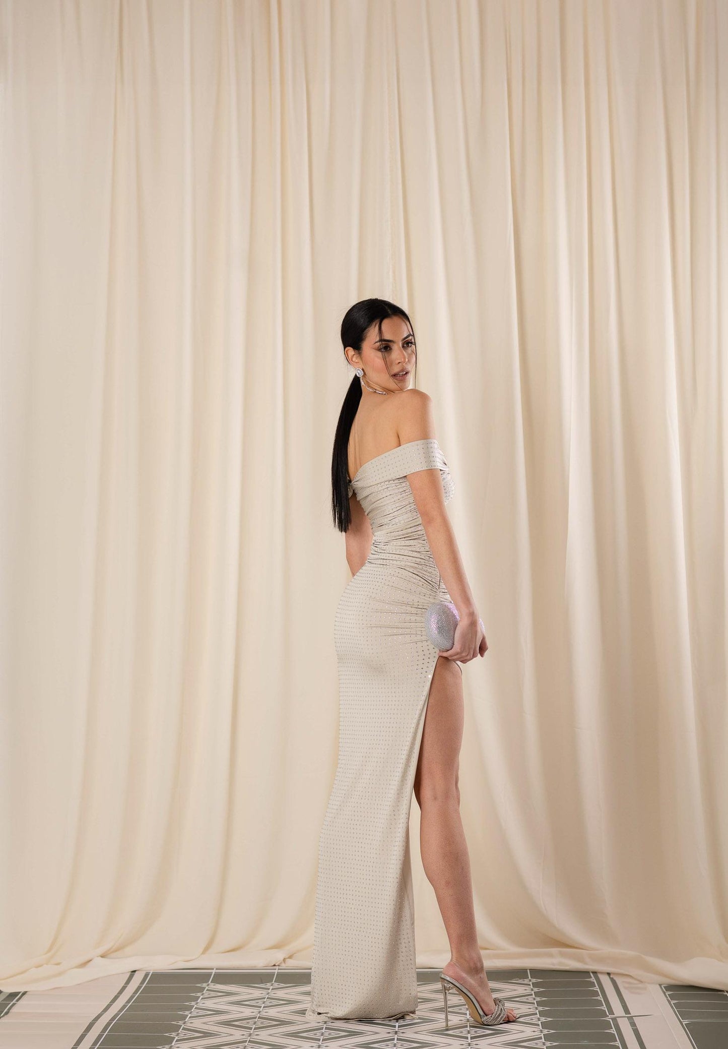 Almond White back view rhinestone halter maxi dress with ruched silhouette and thigh slit by SOPHiEL