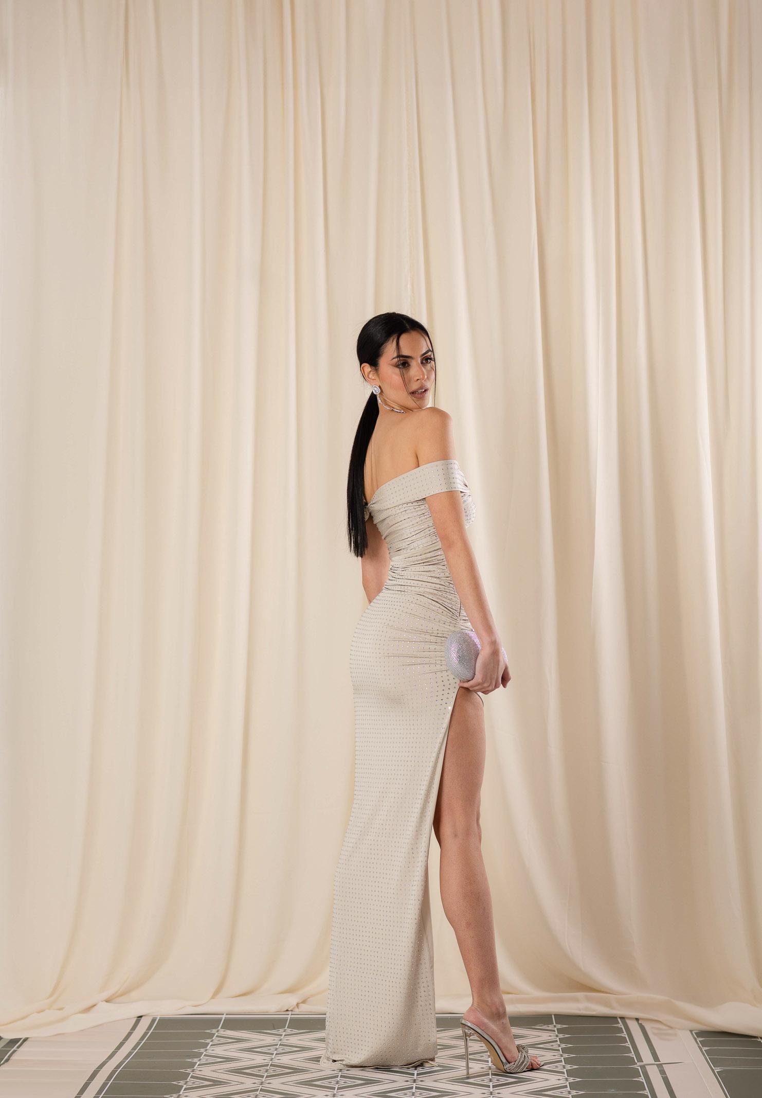 Almond White back view rhinestone halter maxi dress with ruched silhouette and thigh slit by SOPHiEL