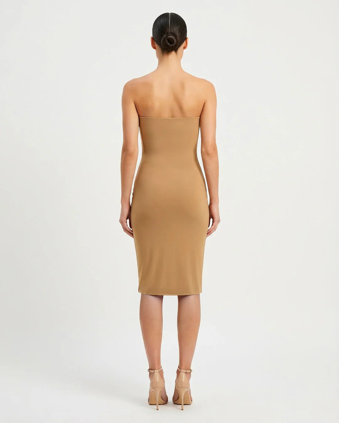 nude strapless midi dress fitted silhouette back view 